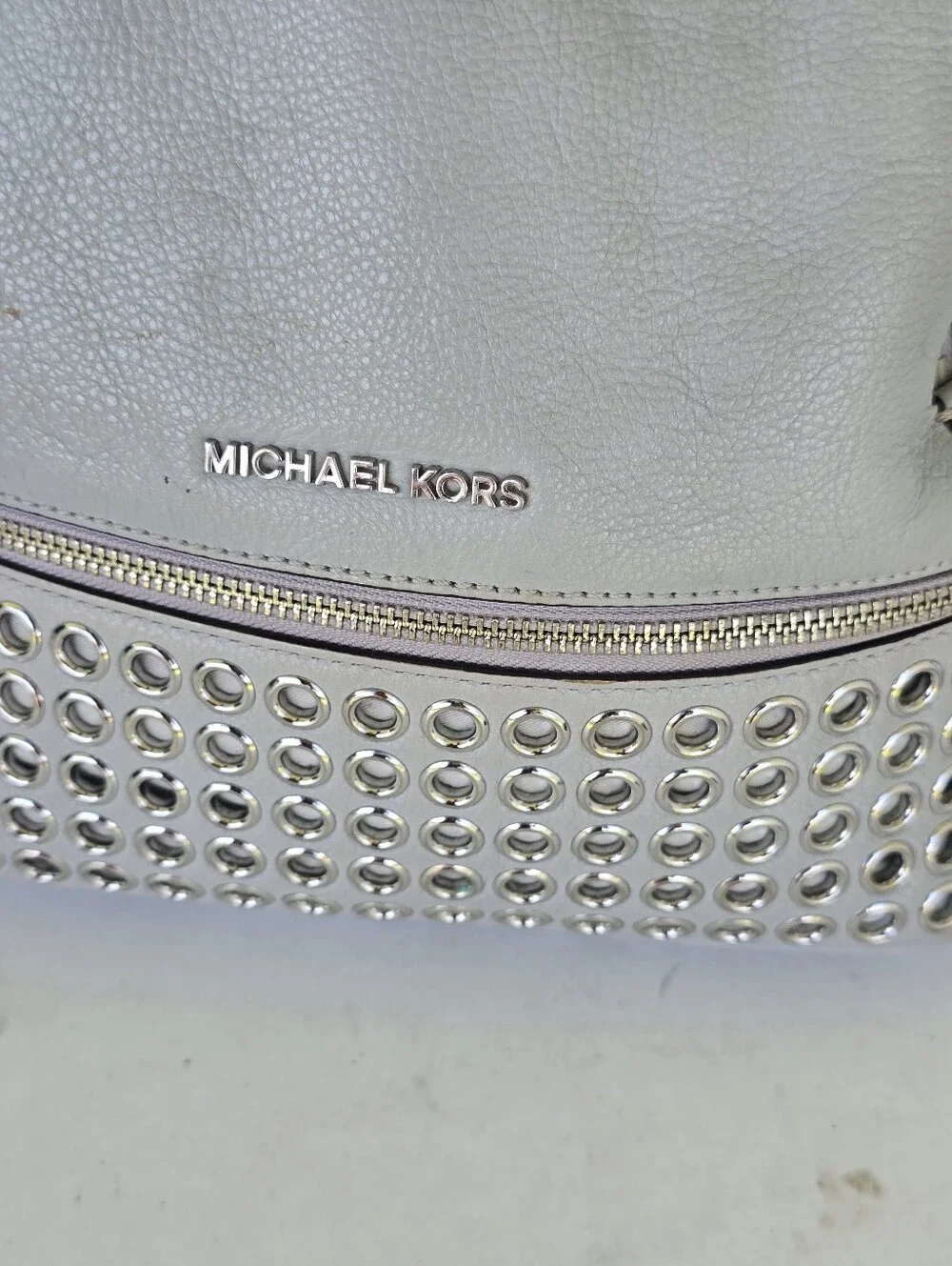 Michael Kors Gray Leather Grommet Studded Backpack Silver Hardware